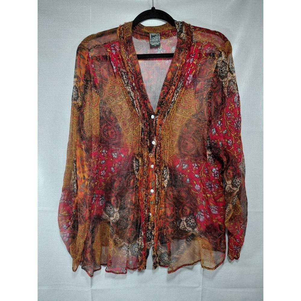 Casual Studio Sheer Button Up Shirt Long Sleeves Women's LG Multicolor Floral
